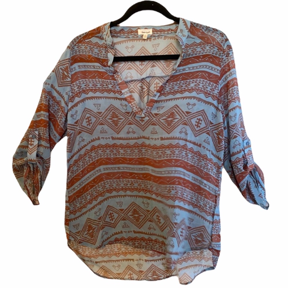 Teenbell - Long Sleeve High Low Hem Aztec Chiffon Top (Size: Large)